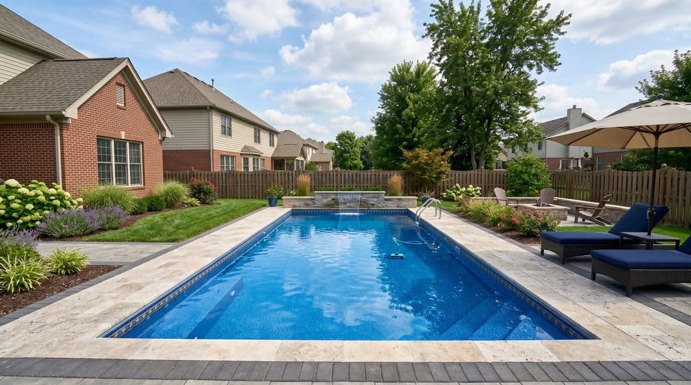 Modern backyard with a sparkling blue swimming pool, landscaped gardens, and patio seating.